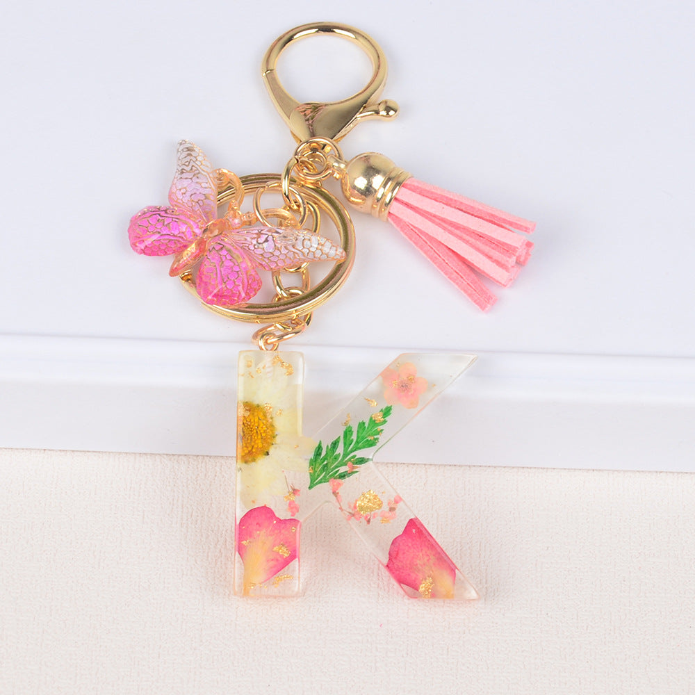 卸売ドライフラワーレター樹脂キーホルダー